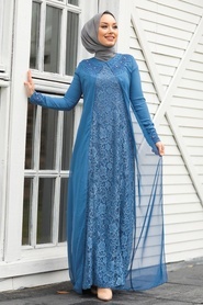 Neva Style - Dantelli İndigo Mavisi Tesettür Abiye Elbise 20803IM - Thumbnail