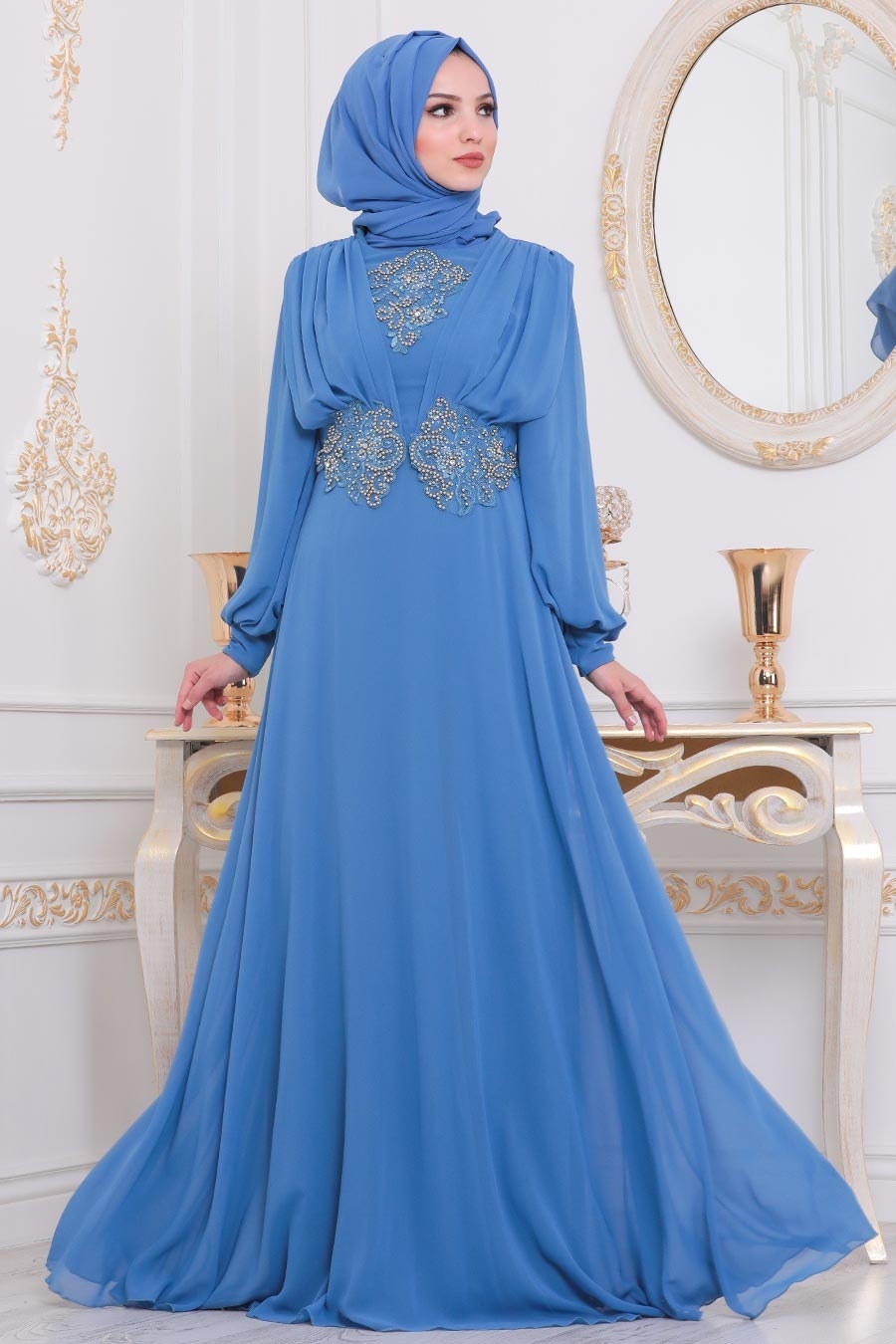 Neva Style - Dantelli İndigo Mavisi Tesettür Abiye Elbise 9118IM