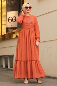 Neva Style - Dantelli Kiremit Tesettür Elbise 44690KRMT - Thumbnail
