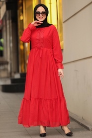 Neva Style - Dantelli Kırmızı Tesettür Elbise 44690K - Thumbnail