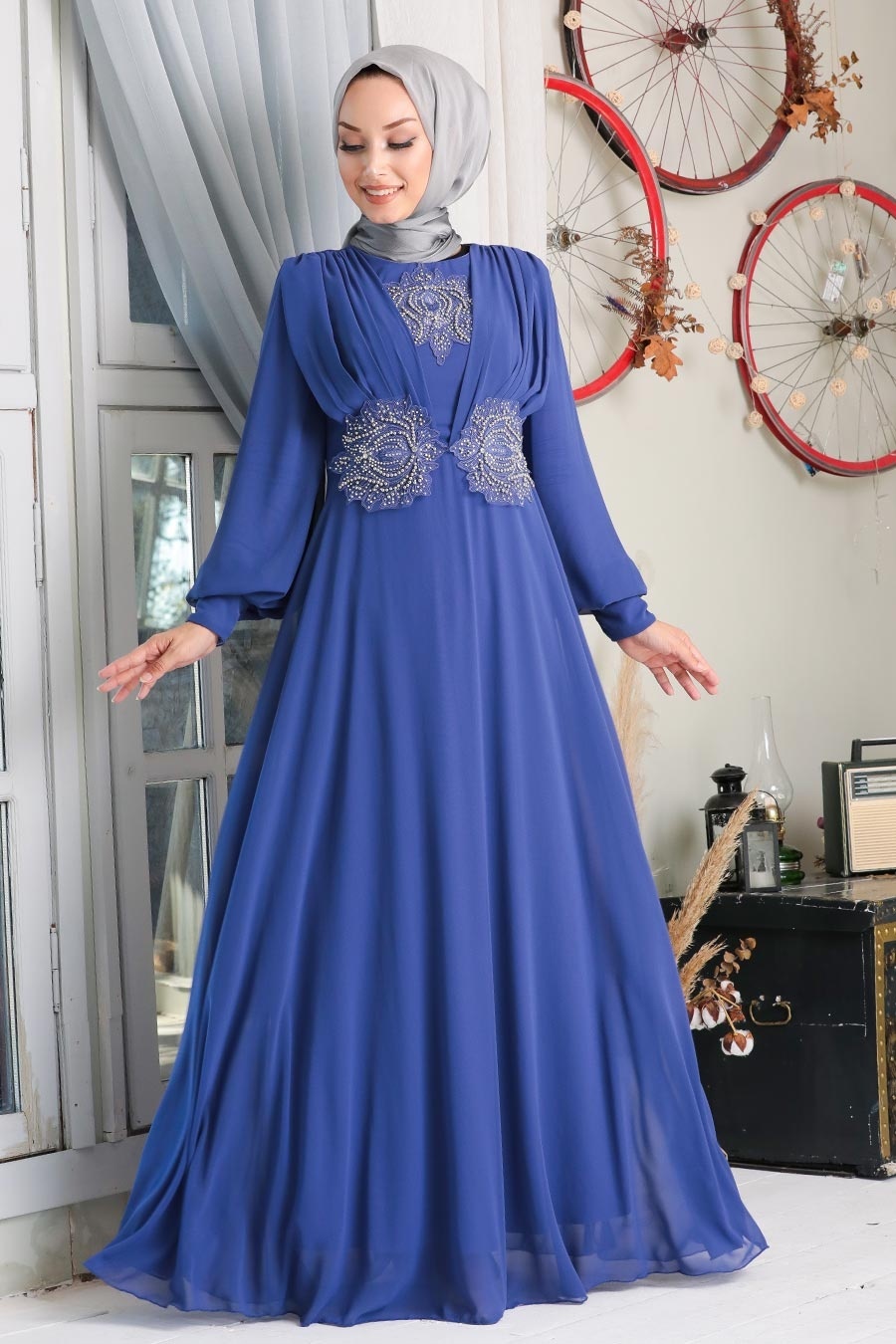 Neva Style - Dantelli Koyu Lila Tesettür Abiye Elbise 9118KLILA
