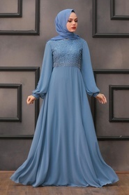 Neva Style - Dantelli Mavi Tesettür Abiye Elbise 50060M - Thumbnail