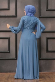 Neva Style - Dantelli Mavi Tesettür Abiye Elbise 50060M - Thumbnail