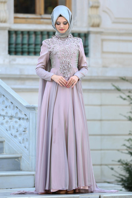 Neva Style - Dantelli Pudra Tesettür Abiye Elbise 3566PD