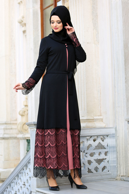 Neva Style - Dantelli Pudra Tesettür Elbise 42090PD