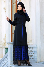 Neva Style - Dantelli Sax Mavisi Tesettür Elbise 42090SX - Thumbnail