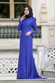 Neva Style - Dantelli Sax Mavi Elbise - Thumbnail