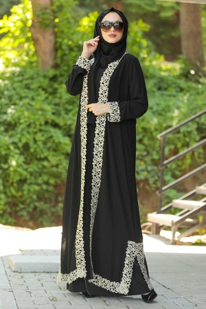  Dantelli Siyah Tesettür Abaya 92190S - 1