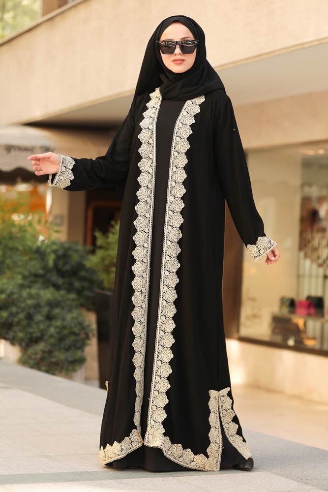  Dantelli Siyah Tesettür Abaya 92191S - 1