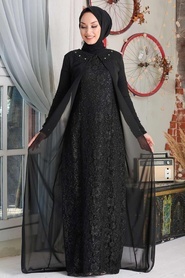 Neva Style - Dantelli Siyah Tesettür Abiye Elbise 20803S - Thumbnail