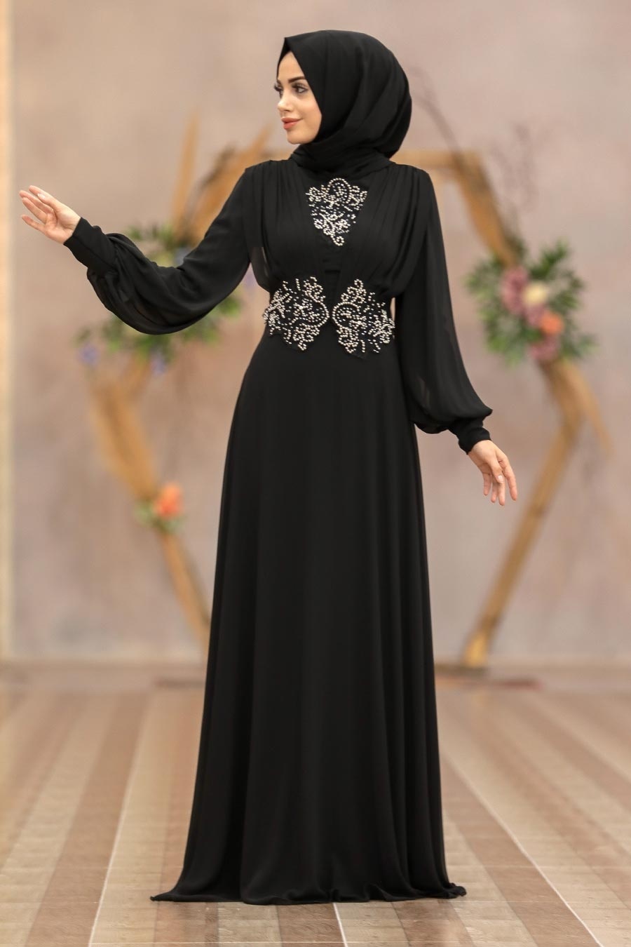 Neva Style - Dantelli Siyah Tesettür Abiye Elbise 9118S