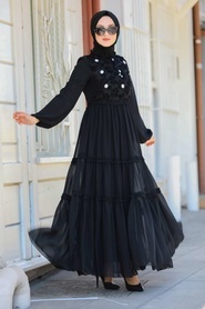 Neva Style - Dantelli Siyah Tesettür Elbise 22180S - Thumbnail