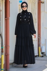 Neva Style - Dantelli Siyah Tesettür Elbise 22180S - Thumbnail