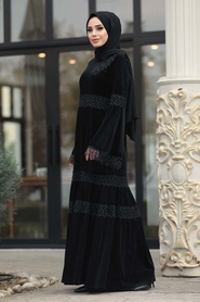 Neva Style - Dantelli Siyah Tesettür Kadife Elbise 1460S - Thumbnail