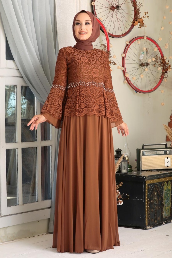 Neva Style - Dantelli Taba Tesettür Abiye Elbise 20671TB - 1