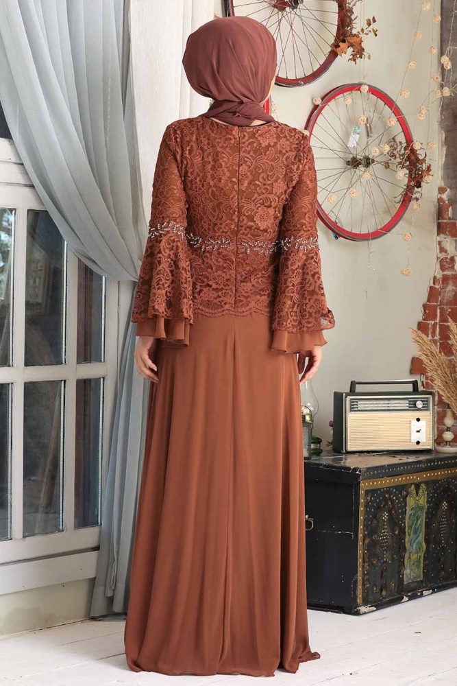 Neva Style - Dantelli Taba Tesettür Abiye Elbise 20671TB - 2