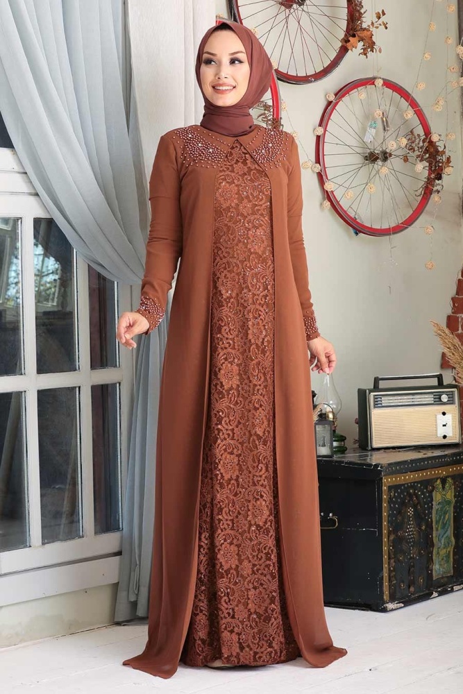 Neva Style - Dantelli Taba Tesettür Abiye Elbise 20803TB - 1