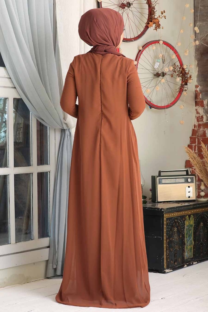 Neva Style - Dantelli Taba Tesettür Abiye Elbise 20803TB - 2