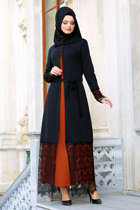 Neva Style - Dantelli Taba Tesettür Elbise 42090TB