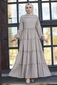 Neva Style - Dantelli Vizon Tesettür Elbise 2804V - Thumbnail