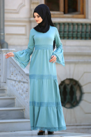 Neva Style - Dantelli Volan Kol Çağla Yeşili Tesettür Elbise 41720CY - Thumbnail