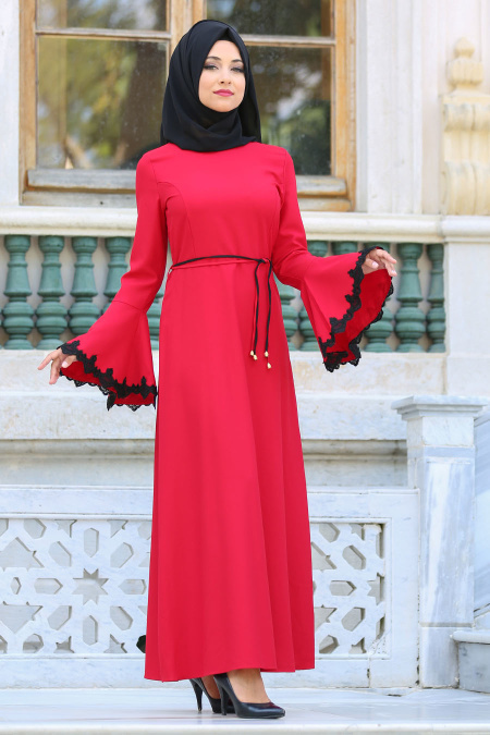 Neva Style - Dantelli Volan Kol Kırmızı Tesettür Elbise 17531K