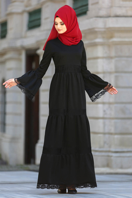 Neva Style - Dantelli Volan Kol Siyah Tesettür Elbise 41720S