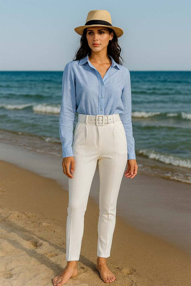 Neva Style - Dar Paça Beyaz Tesettür Pantolon 10550B - NEVA STYLE