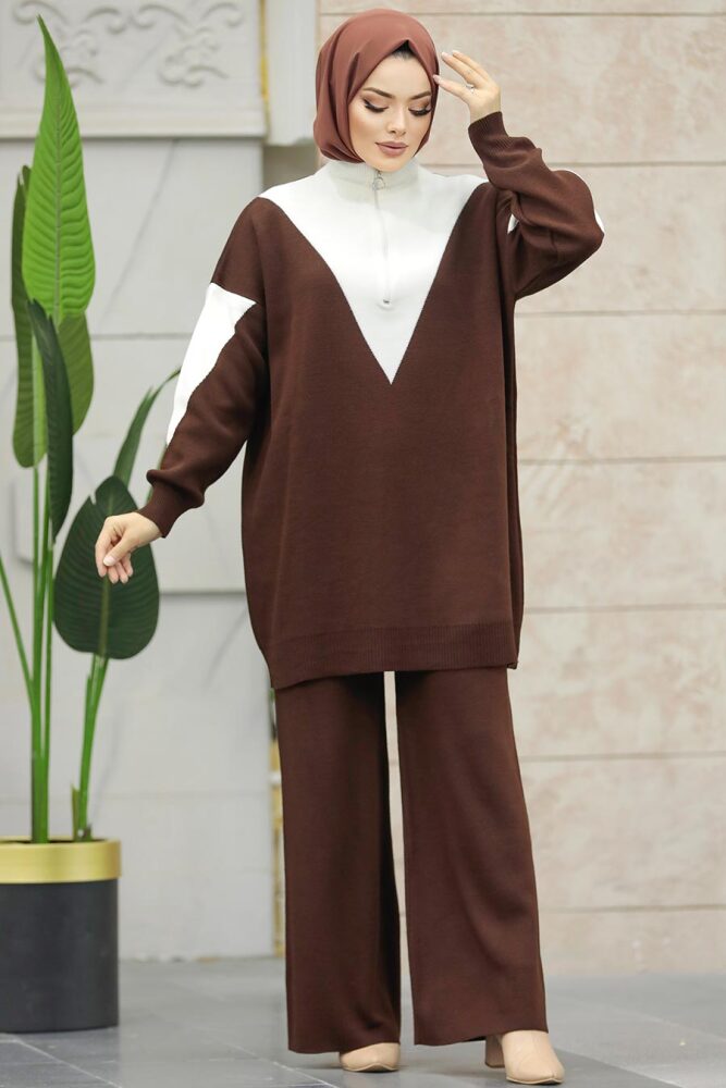 Dark Brown Hijab Knitwear Dual Suit 3433KKH - 2