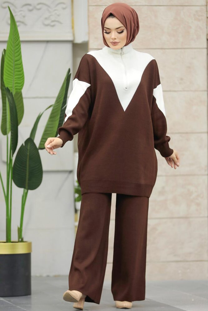 Dark Brown Hijab Knitwear Dual Suit 3433KKH - 3
