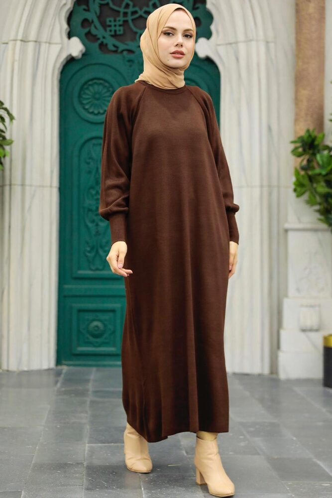 Dark Brown Knitwear Muslim Dress 3419KKH - 2