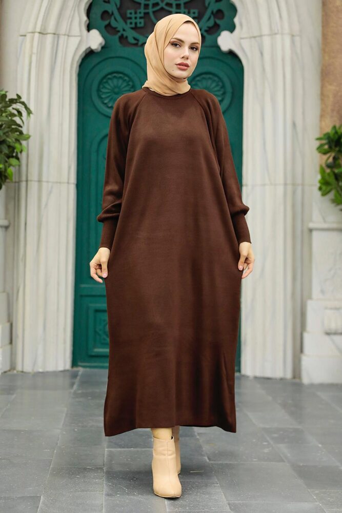 Dark Brown Knitwear Muslim Dress 3419KKH - 3
