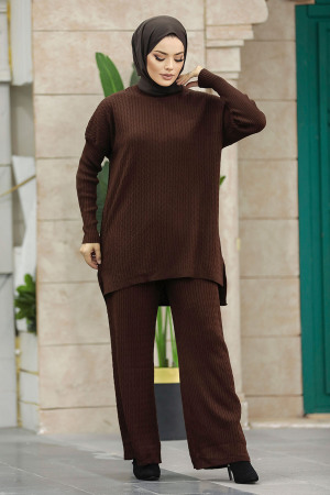 Dark Brown Knitwear Muslim Dual Suit 33450KKH - 2