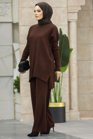 Dark Brown Knitwear Muslim Dual Suit 33450KKH - 3