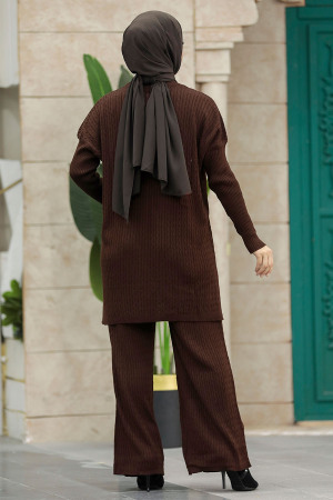 Dark Brown Knitwear Muslim Dual Suit 33450KKH - 4