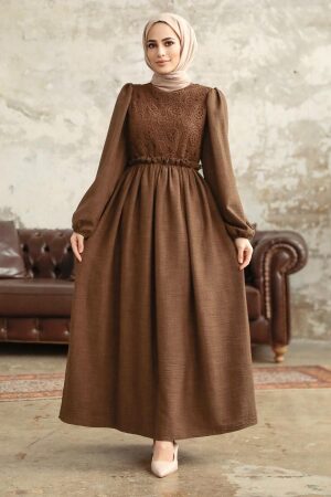 Dark Brown Long Dress for Muslim Ladies 5857KKH - 1