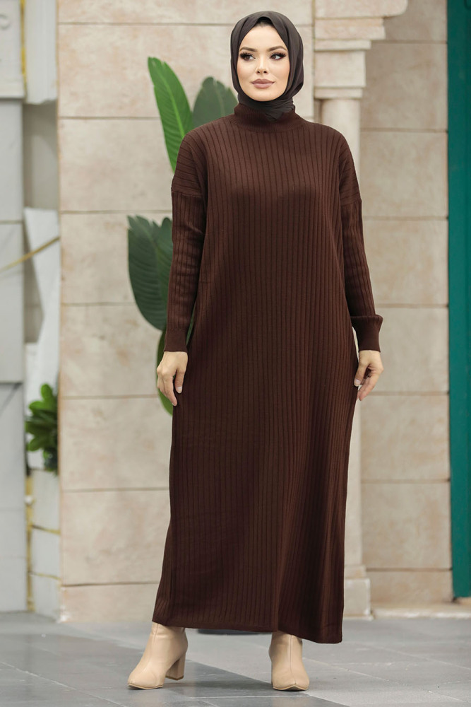 Dark Brown Long Muslim Knitwear Dress 33671KKH - 3