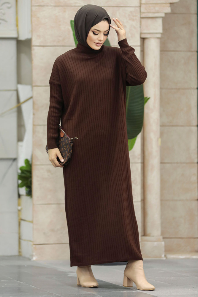 Dark Brown Long Muslim Knitwear Dress 33671KKH - 4