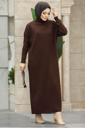 Dark Brown Long Muslim Knitwear Dress 33671KKH - 1