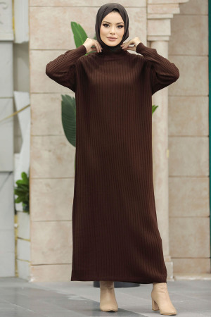 Dark Brown Long Muslim Knitwear Dress 33671KKH - 2