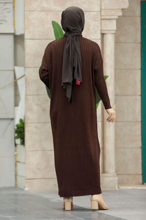 Dark Brown Long Muslim Knitwear Dress 33671KKH - 5