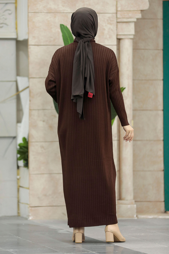 Dark Brown Long Muslim Knitwear Dress 33671KKH - 5