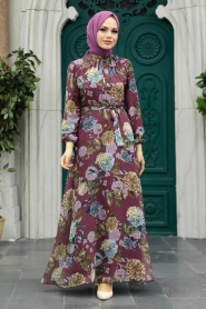 Neva Style - Dark Dusty Rose Long Sleeve Dress 279083KGK - Thumbnail