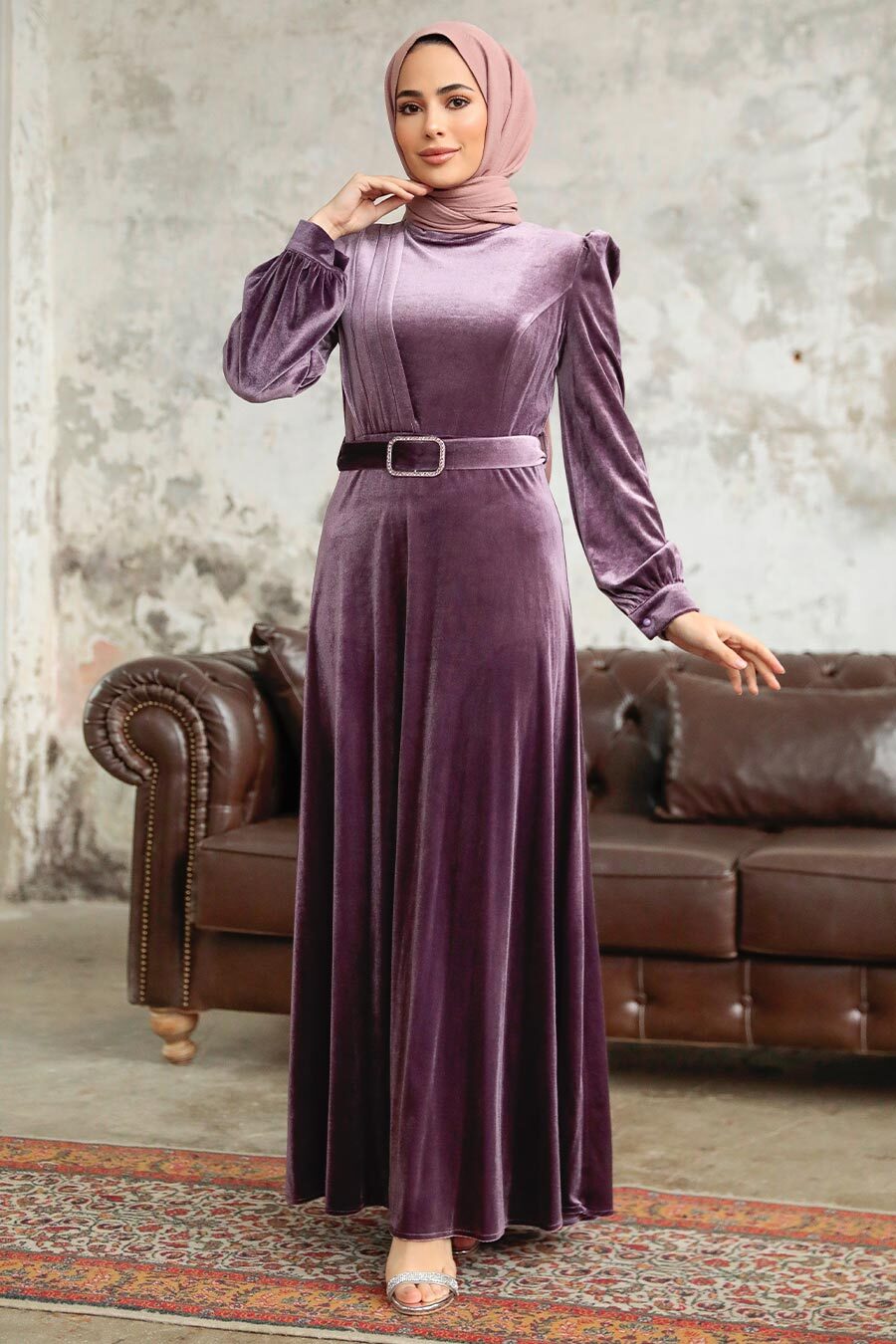 Neva Style - Dark Dusty Rose Velvet Hijab Dress 36910KGK