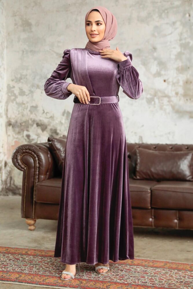 Dark Dusty Rose Velvet Hijab Dress 36910KGK - 2