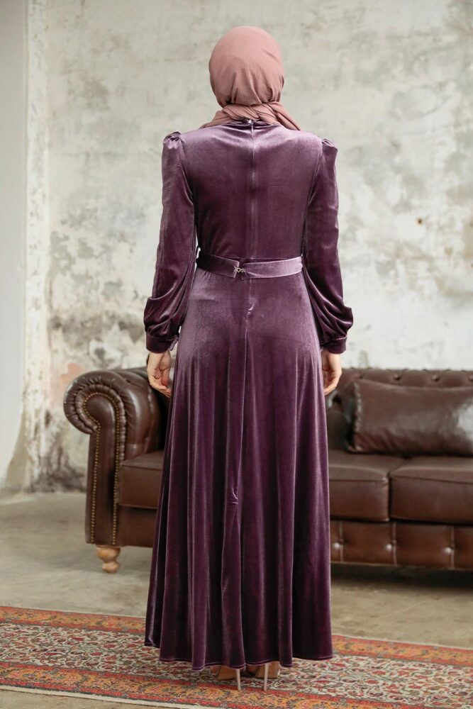 Dark Dusty Rose Velvet Hijab Dress 36910KGK - 3