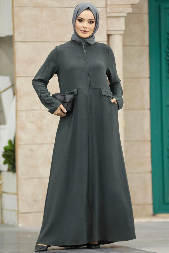 Dark Khaki Long Turkish Abaya 11058KHK - 1