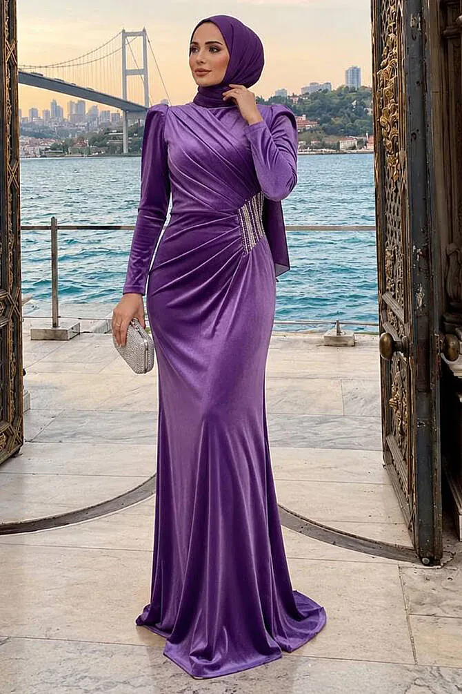Dark Lila Velvet Hijab Dress 36891KLILA - 1
