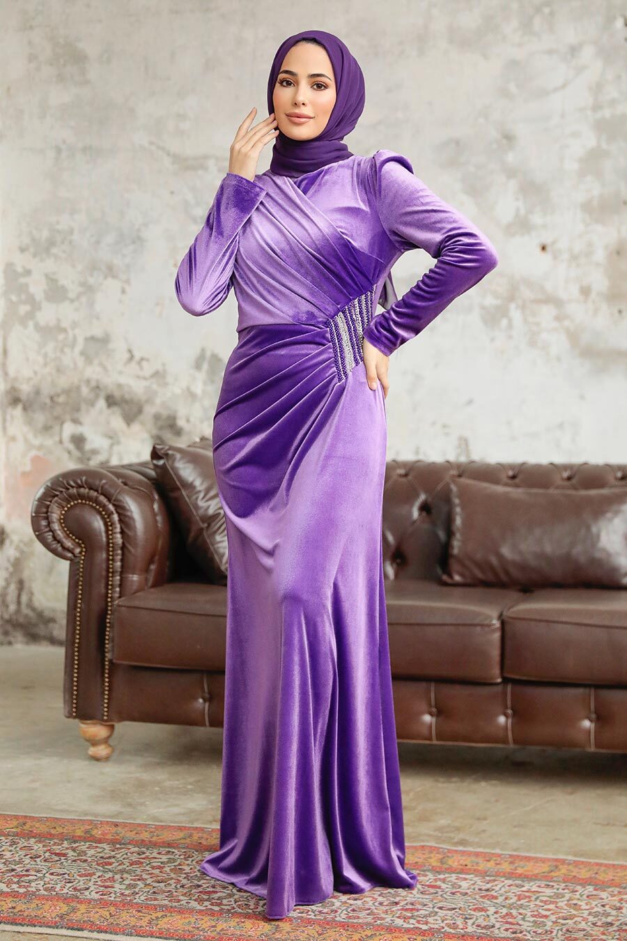 Neva Style - Dark Lila Velvet Hijab Dress 36891KLILA