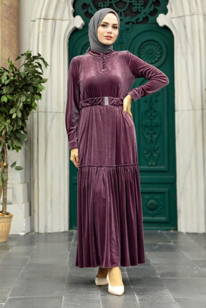 Dark Lila Velvet Hijab Dress 36971KLILA - 1